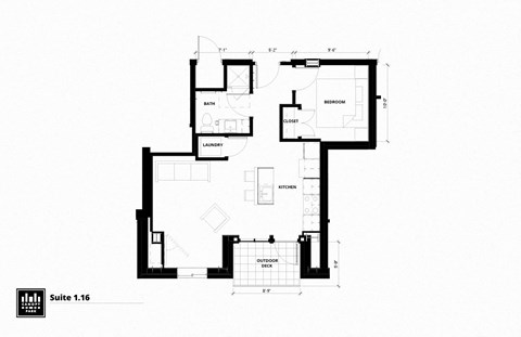 Floor plan for 1 bed, 1 bath, 646 sqft